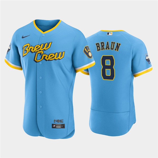 Men's Milwaukee Brewers #8 Ryan Braun Powder Blue 2022 City Connect Flex Base Stitched MLB Jersey